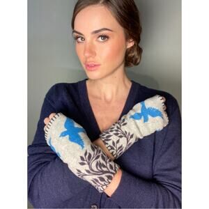 Handmade Fleece Hand Warmers Gray & Turquoise Birds ~ One Size ~ So Hygge!